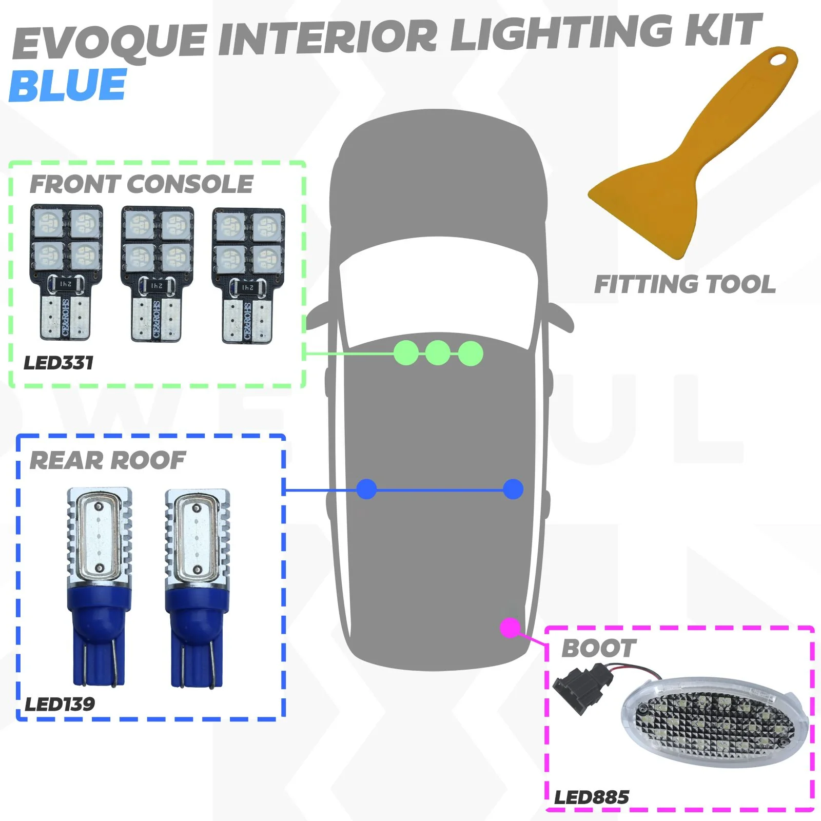 LED Interior Light Upgrade Kit - 6 pc - Blue - for Range Rover Evoque - Image 3